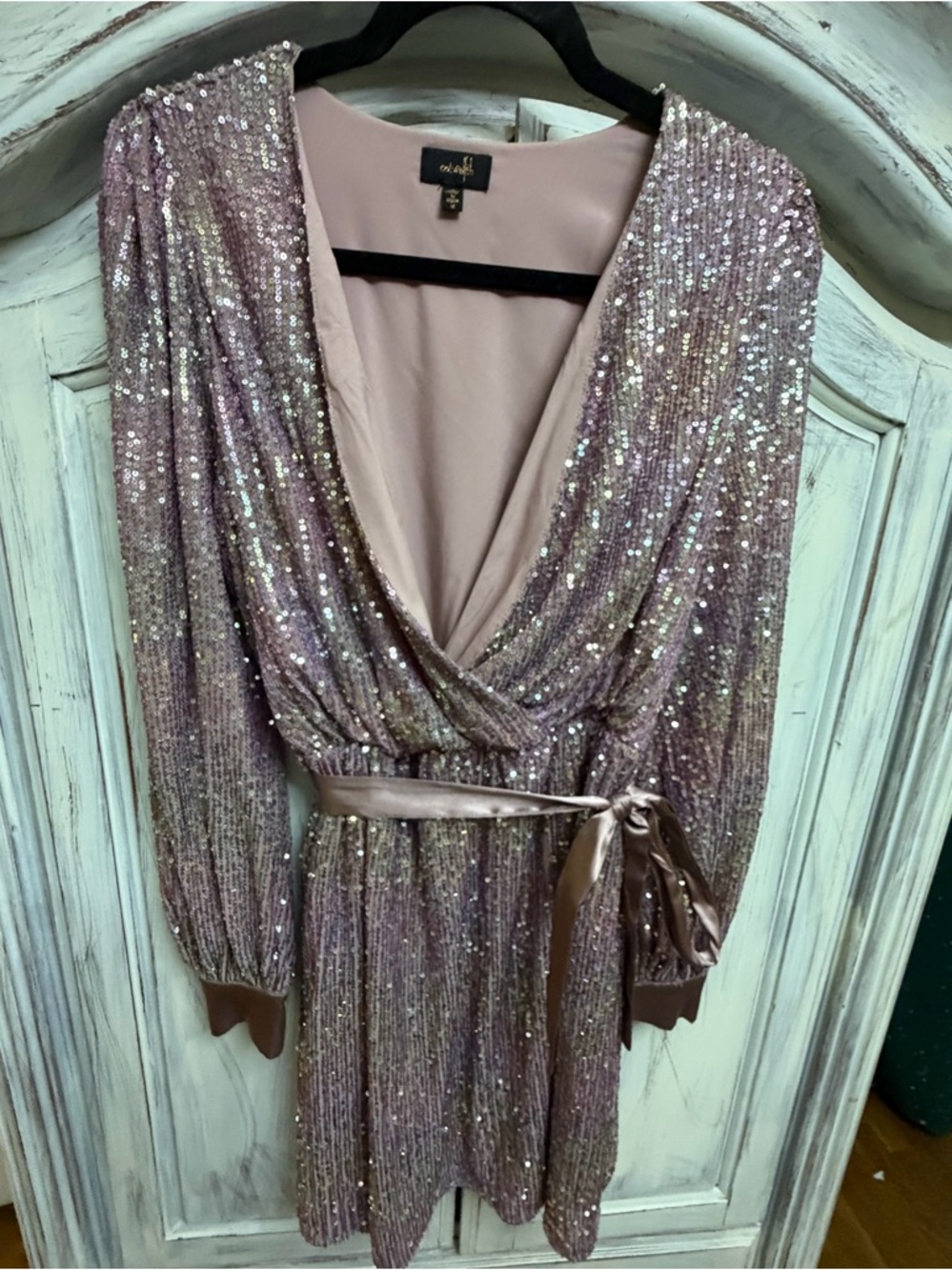 Entro Blush Pink Sequin Wrap Dress Size Large Long Sleeve